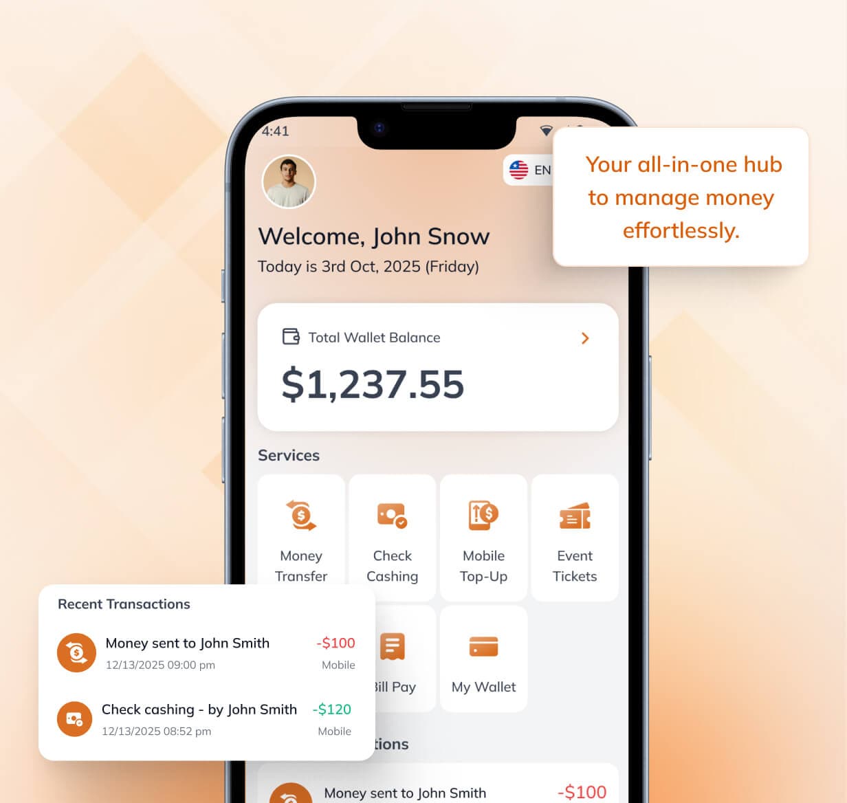 The Alpha Cash mobile app showing wallet balance and services
